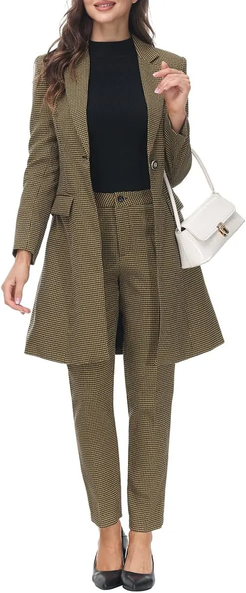 MODFUL Women's 2 Piece Long Blazer with Pants Set Small Plaid Elegant Suit Set for Casual Business Office