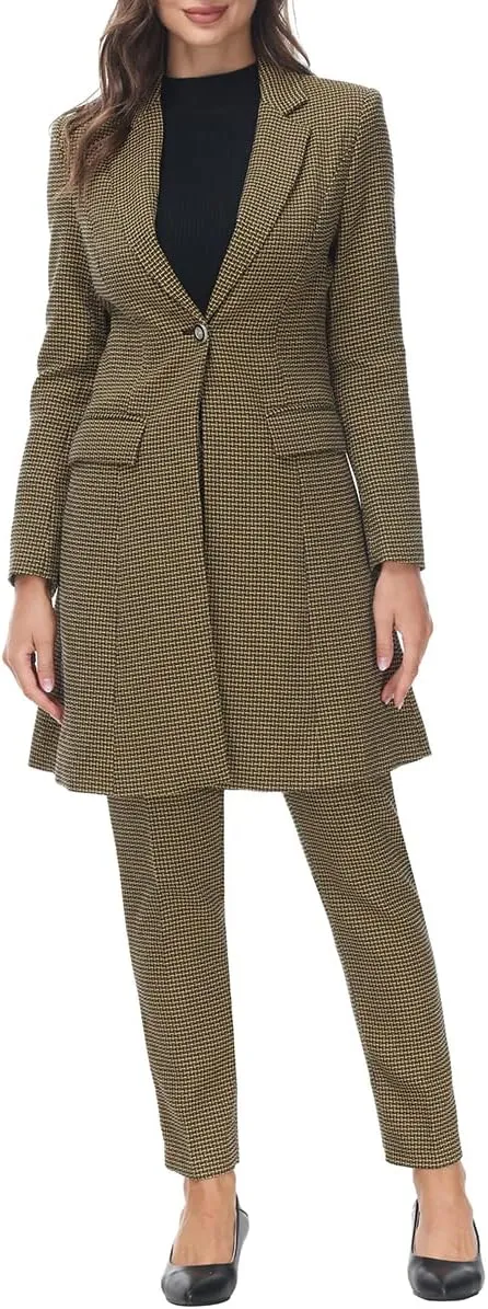 MODFUL Women's 2 Piece Long Blazer with Pants Set Small Plaid Elegant Suit Set for Casual Business Office