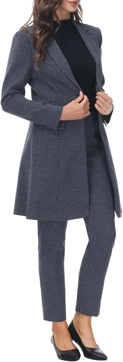 MODFUL Women's 2 Piece Long Blazer with Pants Set Small Plaid Elegant Suit Set for Casual Business Office
