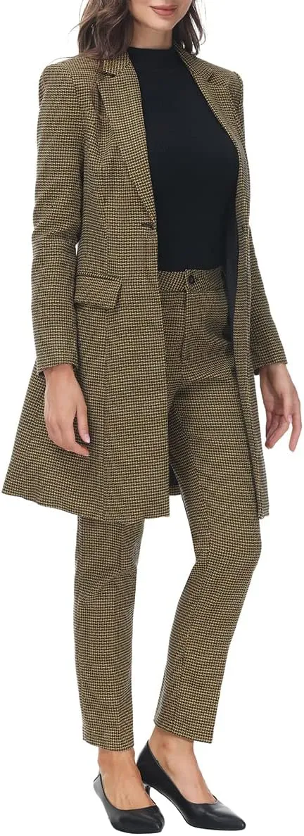 MODFUL Women's 2 Piece Long Blazer with Pants Set Small Plaid Elegant Suit Set for Casual Business Office