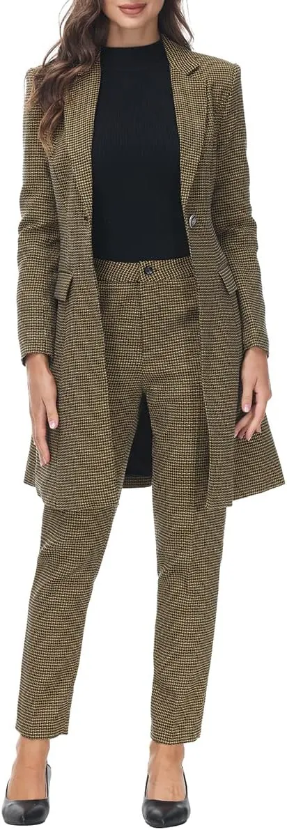 MODFUL Women's 2 Piece Long Blazer with Pants Set Small Plaid Elegant Suit Set for Casual Business Office