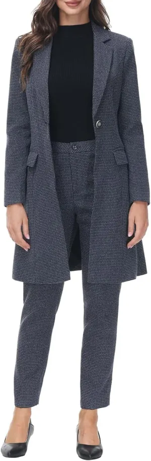 MODFUL Women's 2 Piece Long Blazer with Pants Set Small Plaid Elegant Suit Set for Casual Business Office