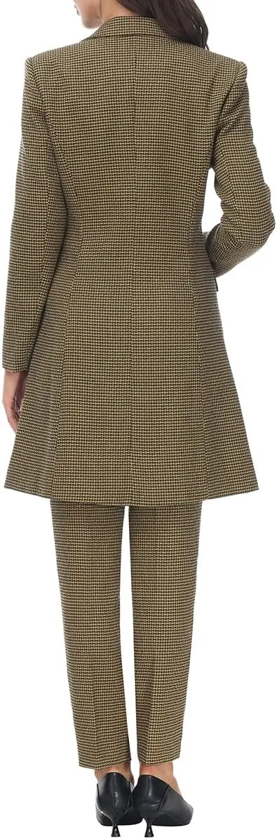 MODFUL Women's 2 Piece Long Blazer with Pants Set Small Plaid Elegant Suit Set for Casual Business Office
