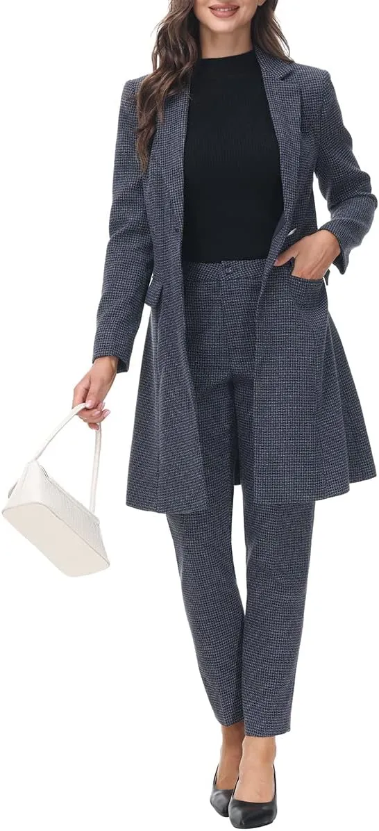 MODFUL Women's 2 Piece Long Blazer with Pants Set Small Plaid Elegant Suit Set for Casual Business Office
