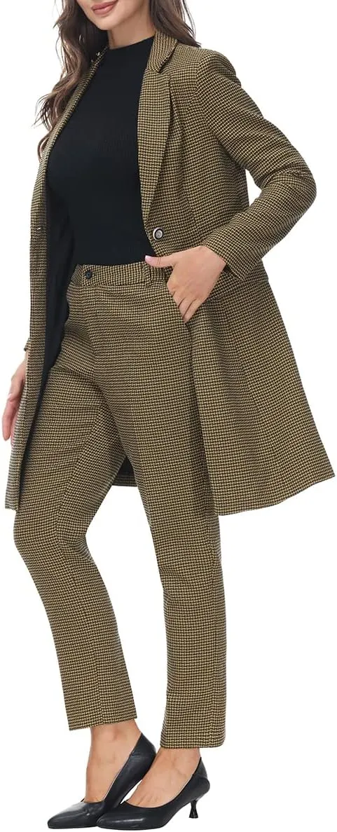 MODFUL Women's 2 Piece Long Blazer with Pants Set Small Plaid Elegant Suit Set for Casual Business Office