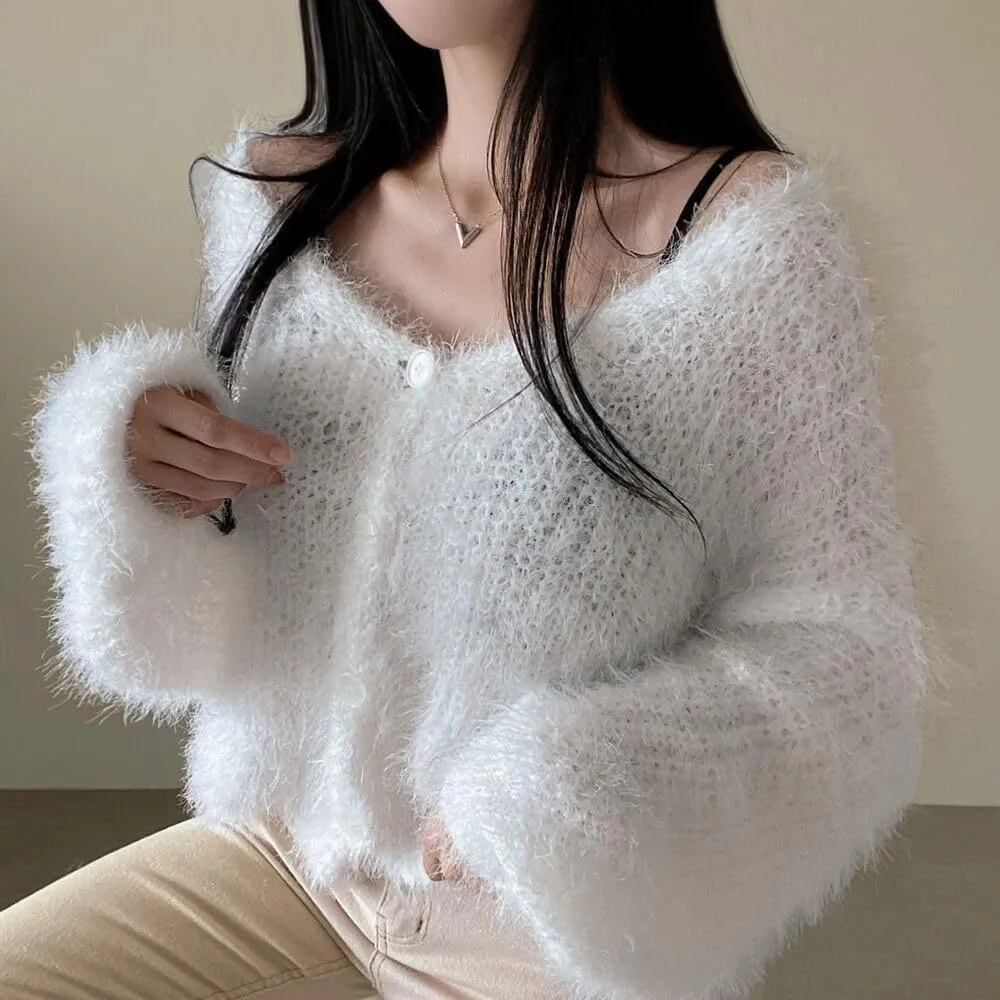 MOLERFO Fuzzy Mohair Cropped Cardigan Women Coquette Soft Warm Cardigan Trendy Fall Open Front Cardigan Sweaters