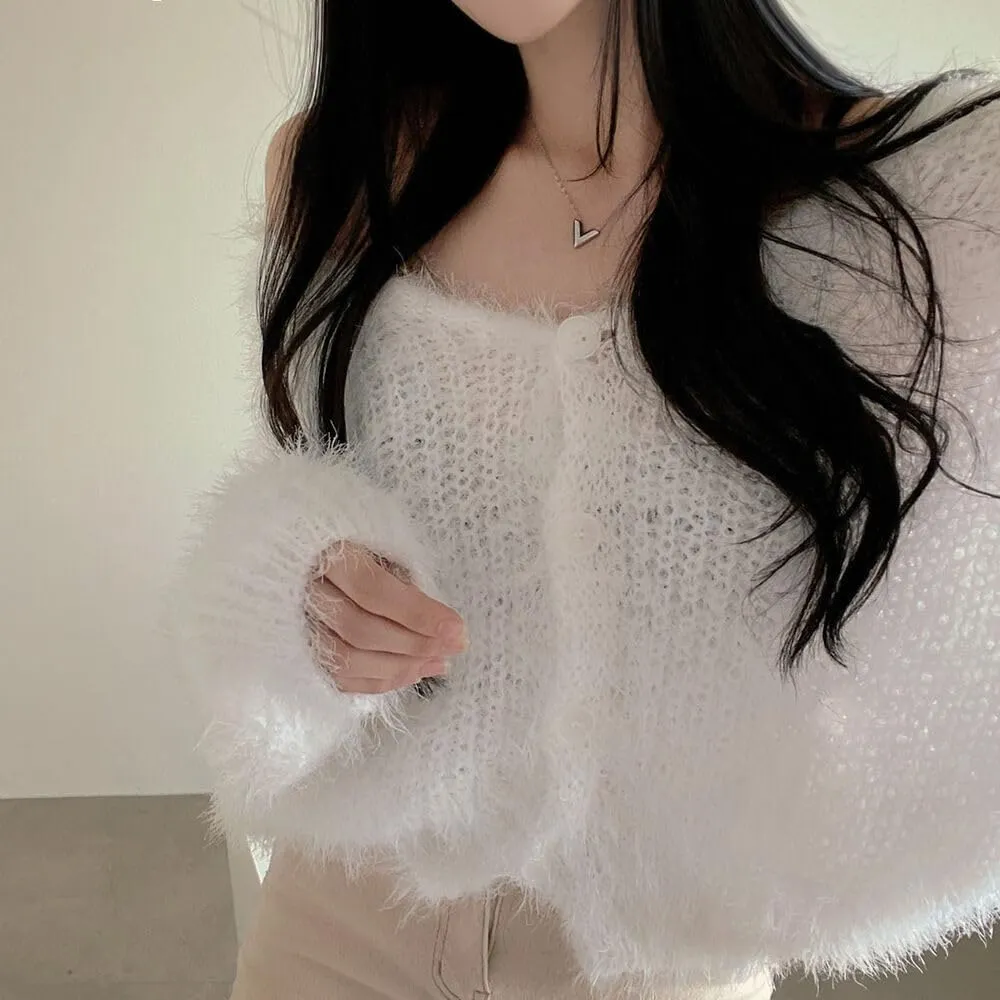 MOLERFO Fuzzy Mohair Cropped Cardigan Women Coquette Soft Warm Cardigan Trendy Fall Open Front Cardigan Sweaters