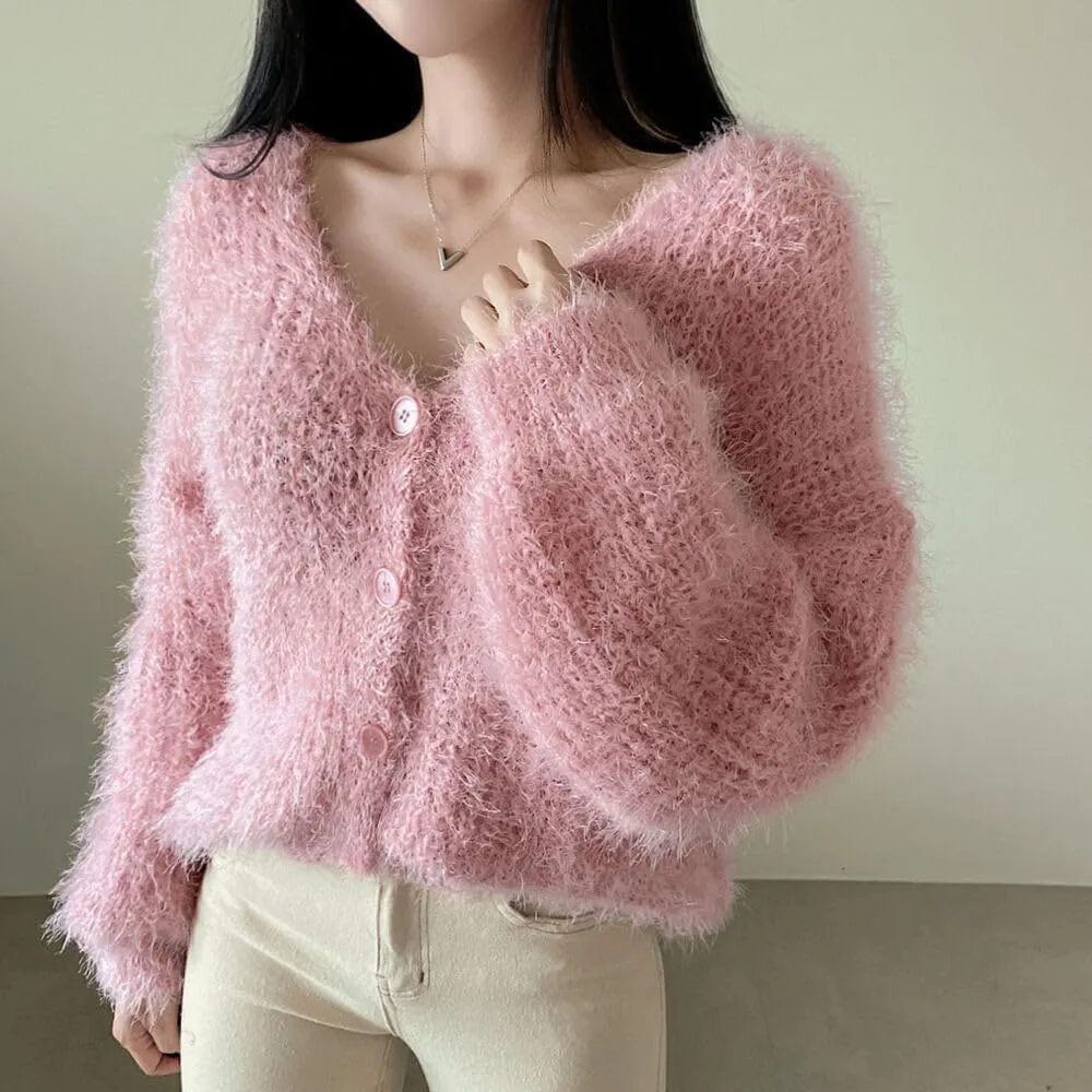 MOLERFO Fuzzy Mohair Cropped Cardigan Women Coquette Soft Warm Cardigan Trendy Fall Open Front Cardigan Sweaters