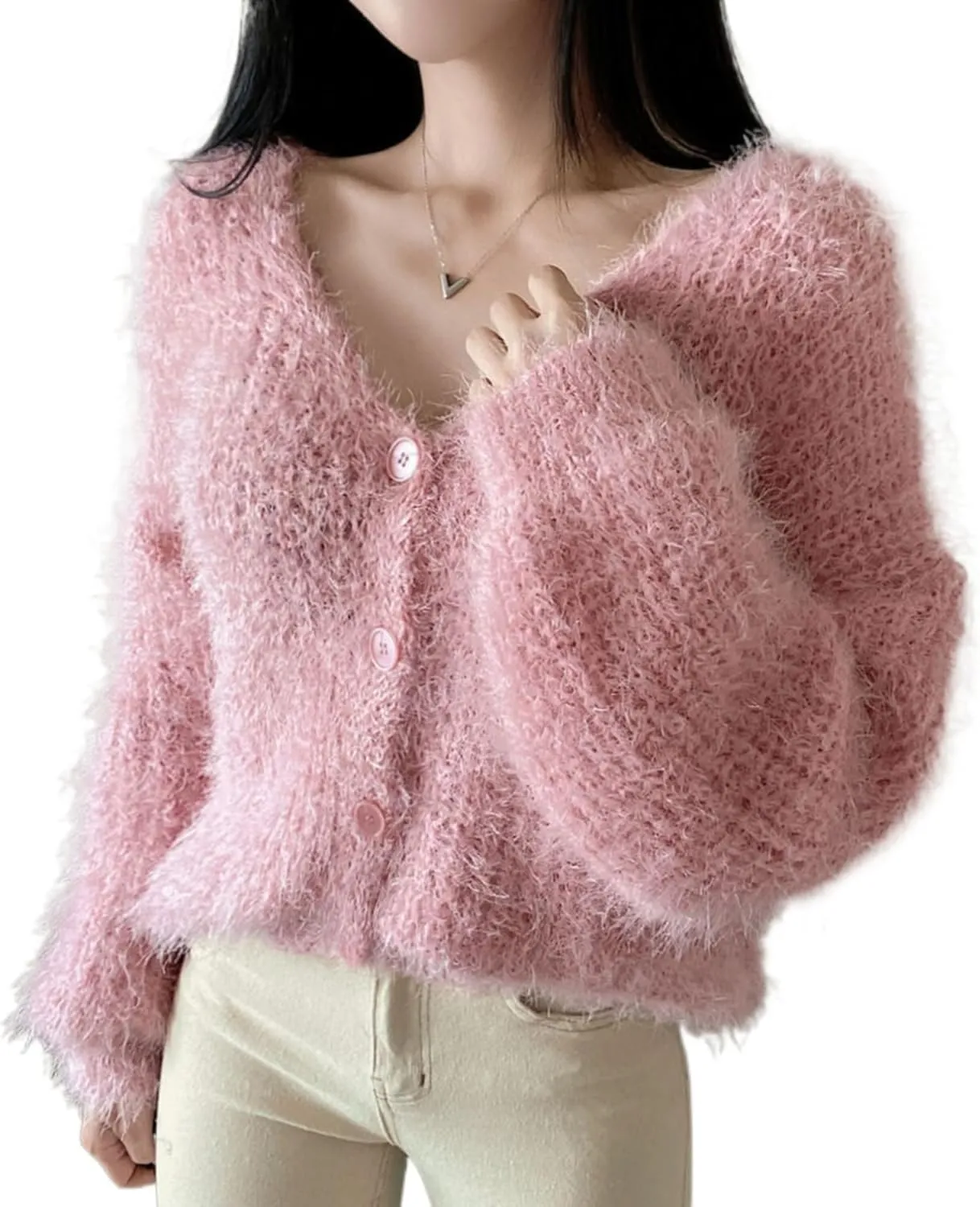 MOLERFO Fuzzy Mohair Cropped Cardigan Women Coquette Soft Warm Cardigan Trendy Fall Open Front Cardigan Sweaters