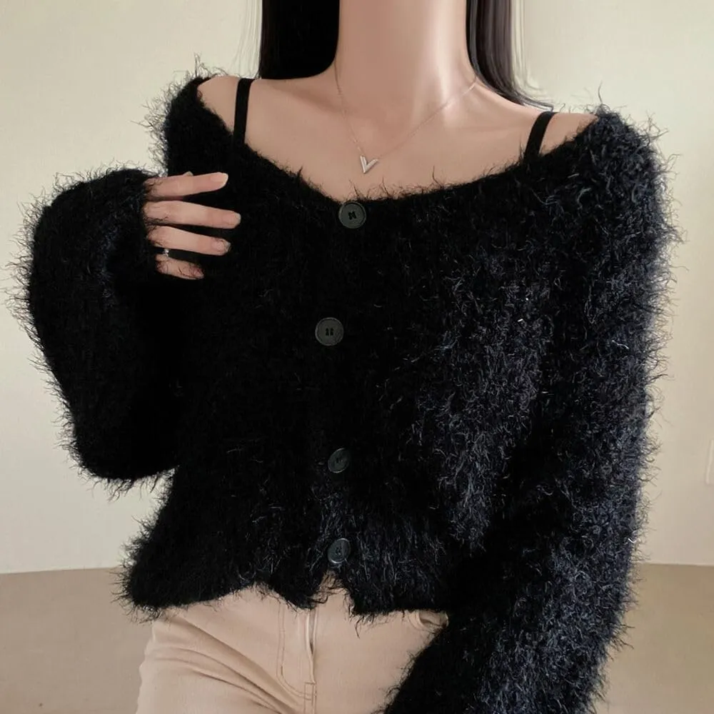 MOLERFO Fuzzy Mohair Cropped Cardigan Women Coquette Soft Warm Cardigan Trendy Fall Open Front Cardigan Sweaters