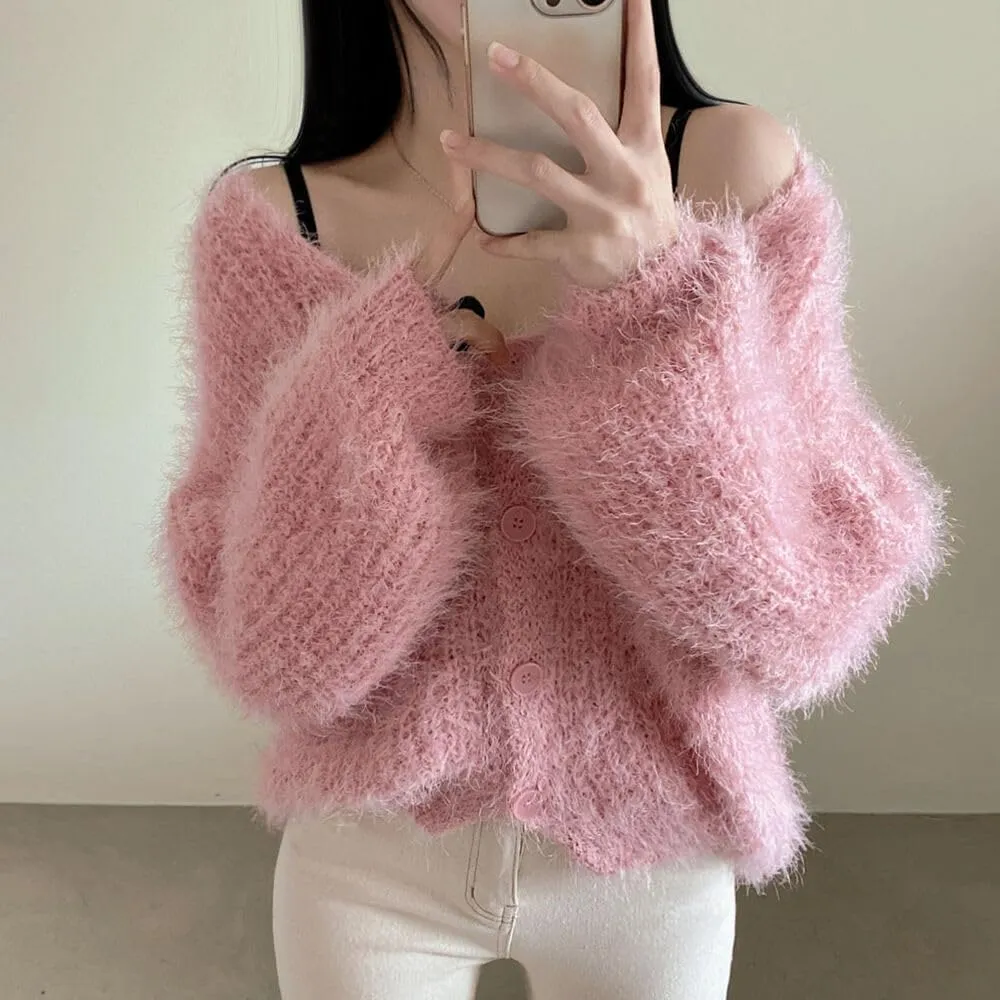 MOLERFO Fuzzy Mohair Cropped Cardigan Women Coquette Soft Warm Cardigan Trendy Fall Open Front Cardigan Sweaters