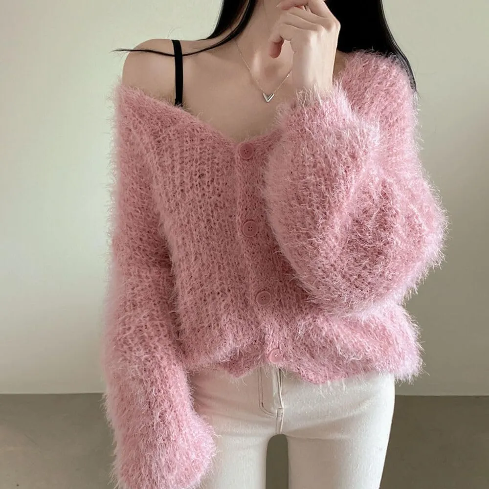 MOLERFO Fuzzy Mohair Cropped Cardigan Women Coquette Soft Warm Cardigan Trendy Fall Open Front Cardigan Sweaters