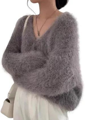 MOLERFO Fuzzy Mohair Cropped Cardigan Women Coquette Soft Warm Cardigan Trendy Fall Open Front Cardigan Sweaters