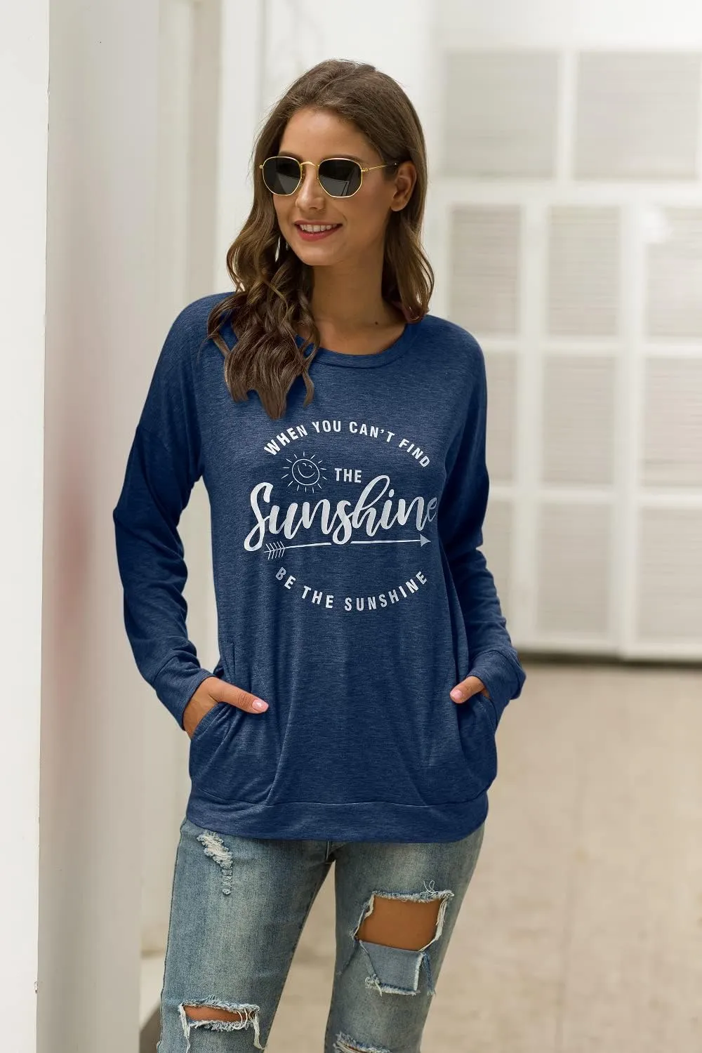 Muicy Womens Sunshine Shirt Casual Long Sleeve Shirt Tops Trendy Loose Fit Sweatshirts Tunic Tops with Pockets