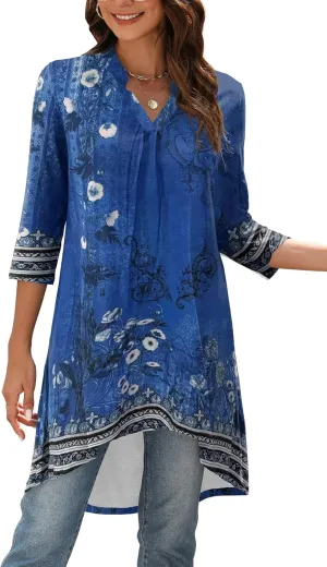Naggoo Women's 3/4 Sleeve Notch V Neck High Low Loose Fit Long Tunic Tops Shirts Blouses M-3XL