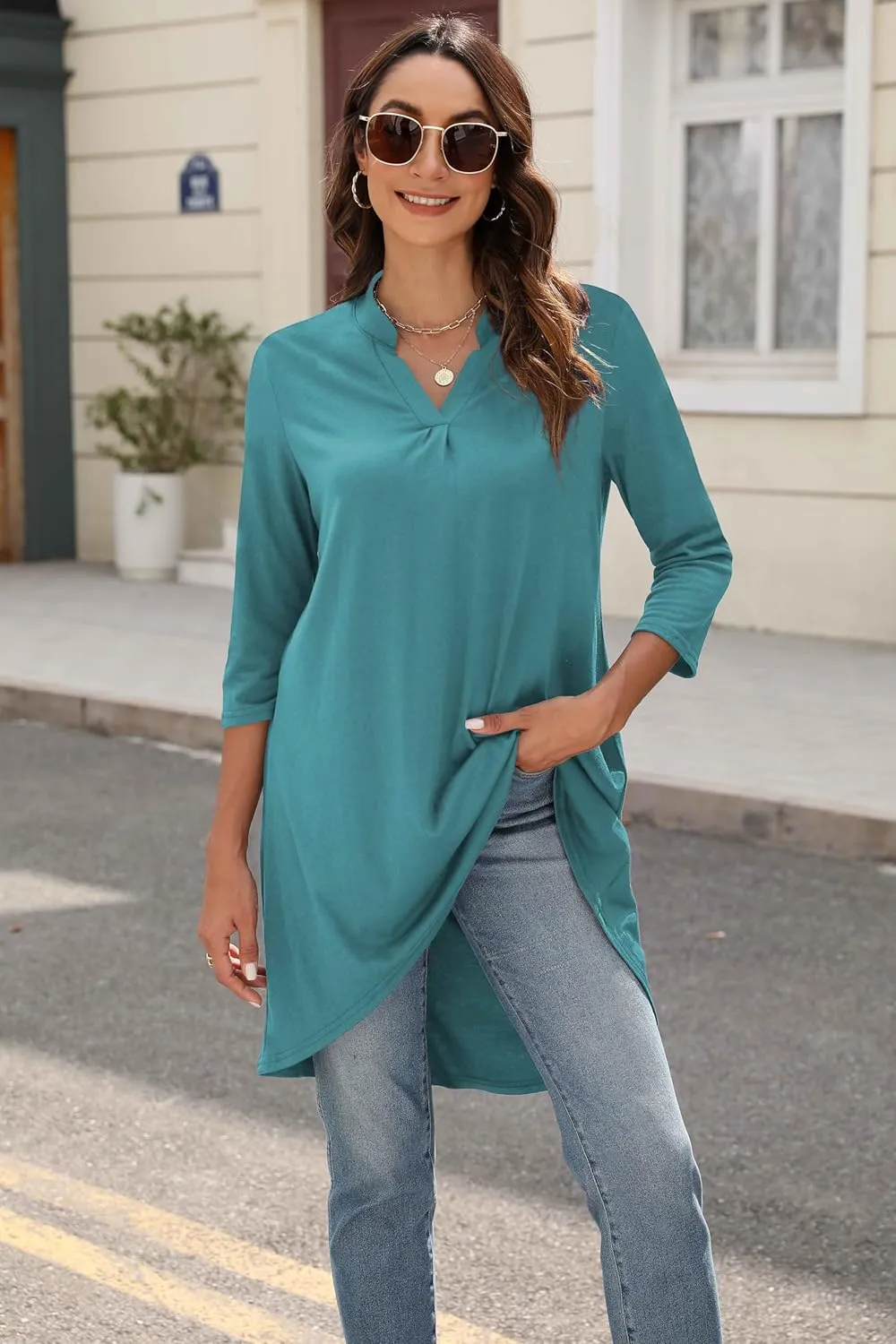 Naggoo Women's 3/4 Sleeve Notch V Neck High Low Loose Fit Long Tunic Tops Shirts Blouses M-3XL