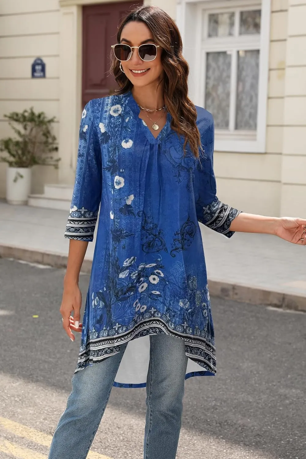Naggoo Women's 3/4 Sleeve Notch V Neck High Low Loose Fit Long Tunic Tops Shirts Blouses M-3XL
