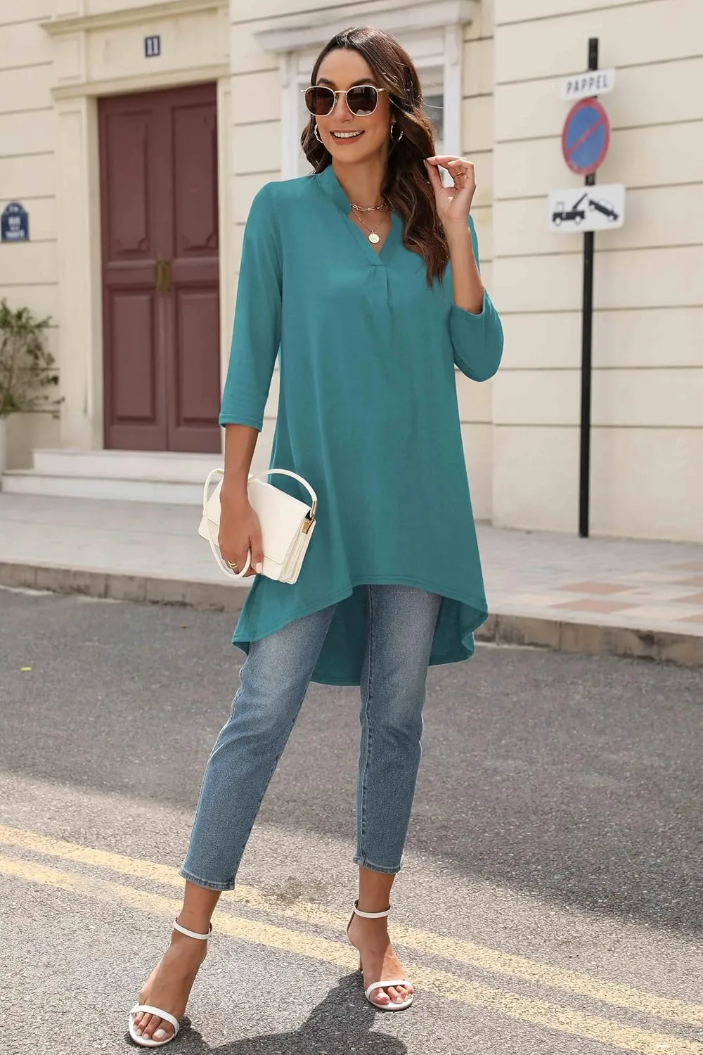 Naggoo Women's 3/4 Sleeve Notch V Neck High Low Loose Fit Long Tunic Tops Shirts Blouses M-3XL