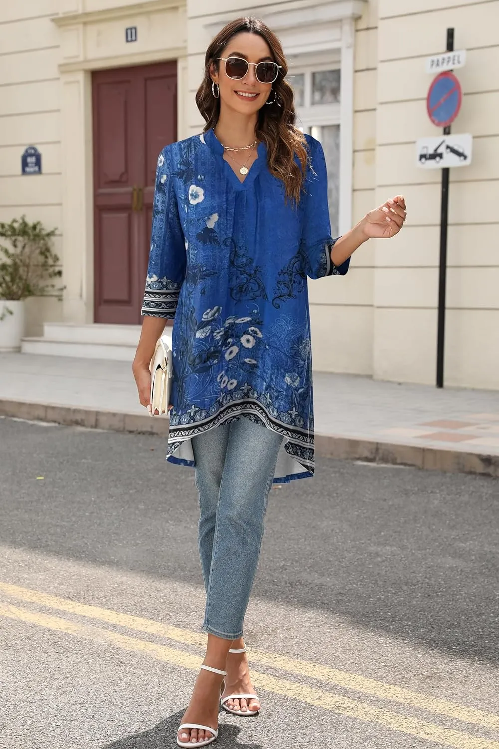 Naggoo Women's 3/4 Sleeve Notch V Neck High Low Loose Fit Long Tunic Tops Shirts Blouses M-3XL
