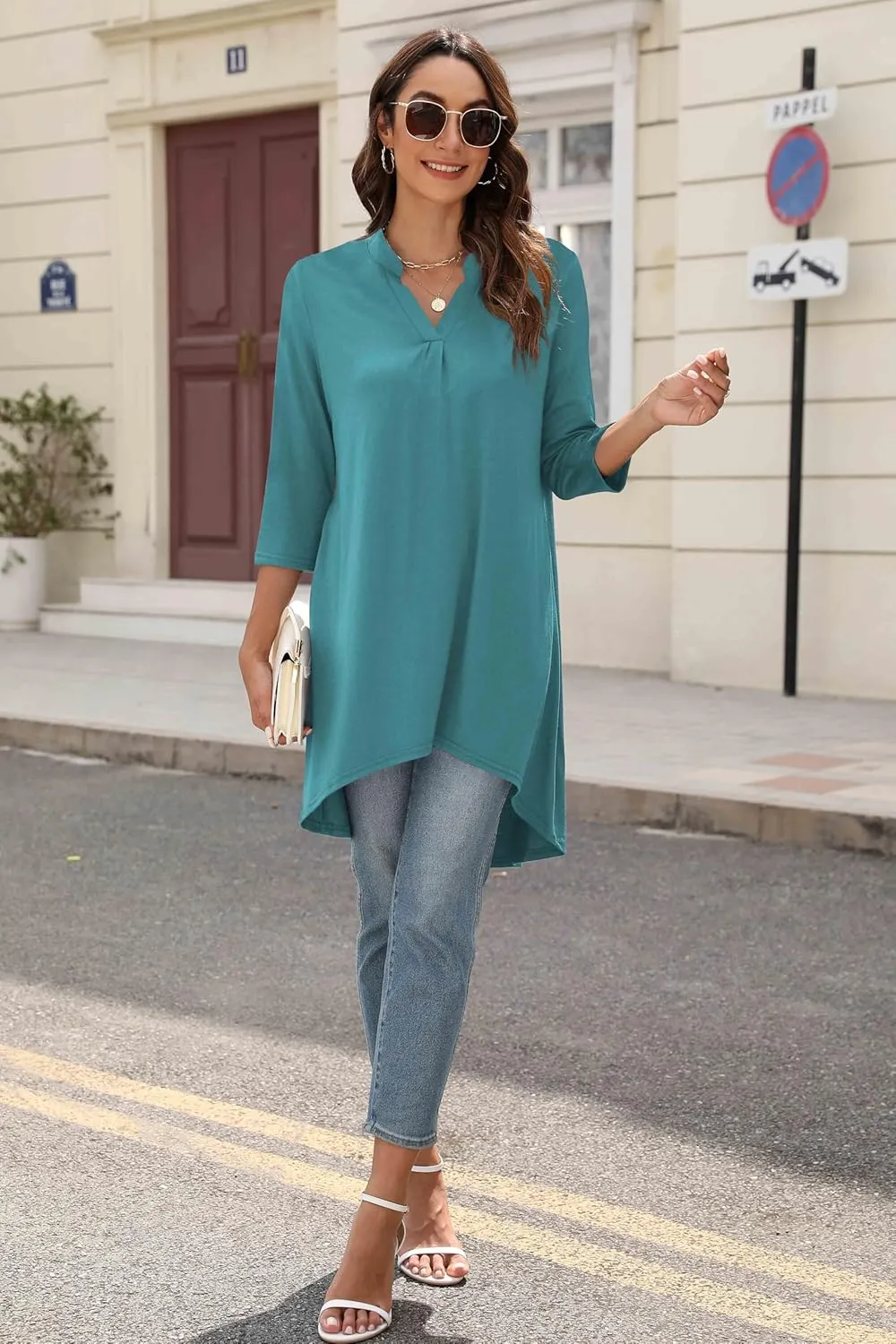 Naggoo Women's 3/4 Sleeve Notch V Neck High Low Loose Fit Long Tunic Tops Shirts Blouses M-3XL