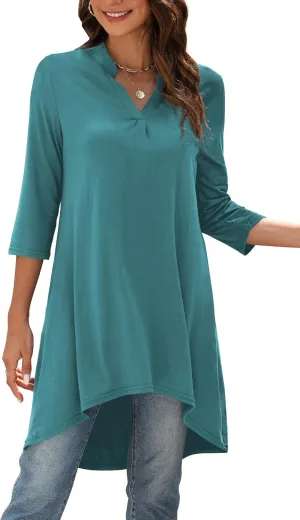 Naggoo Women's 3/4 Sleeve Notch V Neck High Low Loose Fit Long Tunic Tops Shirts Blouses M-3XL