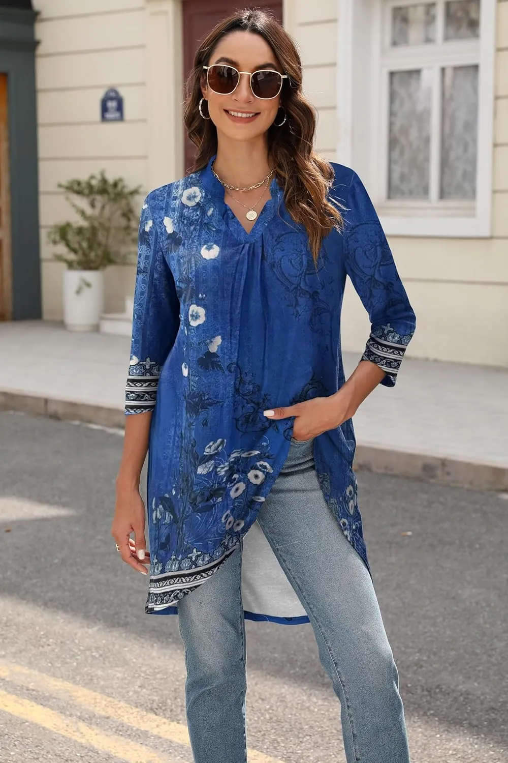 Naggoo Women's 3/4 Sleeve Notch V Neck High Low Loose Fit Long Tunic Tops Shirts Blouses M-3XL