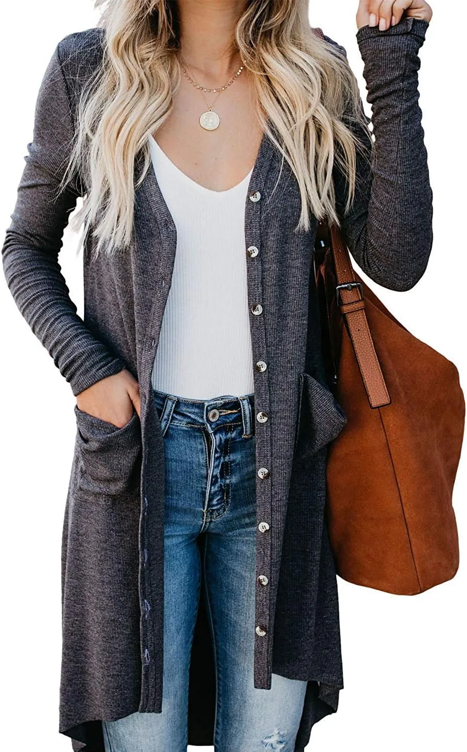 Naggoo Women's Long Cardigans Button Down High Low Solid Knit Loose Cardigans with Pockets