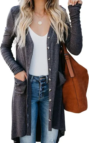 Naggoo Women's Long Cardigans Button Down High Low Solid Knit Loose Cardigans with Pockets