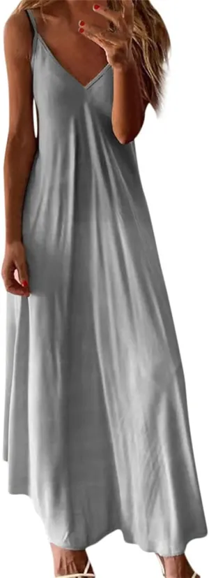 NaRHbrg Women's Sleeveless V Neck Maxi Dress Boho Loose Flowy Sundress Tie Dye Casual Beach Long Dresses Summer Sundress