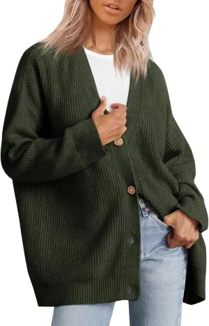 NBXNZWF Women's Long Sleeve Cardigan Striped Open Front Button Down V Neck Knit Outerwear Loose Winter Chunky Sweaters