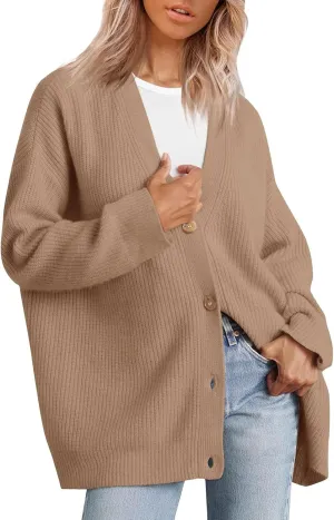 NBXNZWF Women's Long Sleeve Cardigan Striped Open Front Button Down V Neck Knit Outerwear Loose Winter Chunky Sweaters