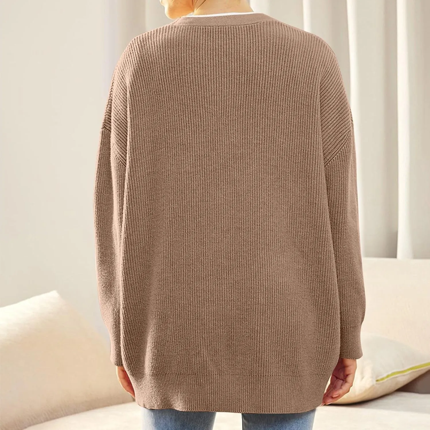 NBXNZWF Women's Long Sleeve Cardigan Striped Open Front Button Down V Neck Knit Outerwear Loose Winter Chunky Sweaters