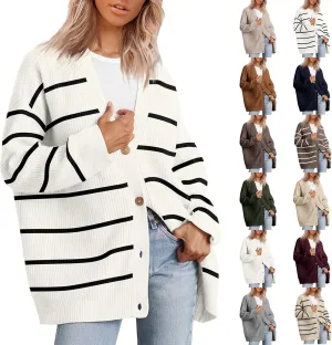 NBXNZWF Women's Long Sleeve Cardigan Striped Open Front Button Down V Neck Knit Outerwear Loose Winter Chunky Sweaters