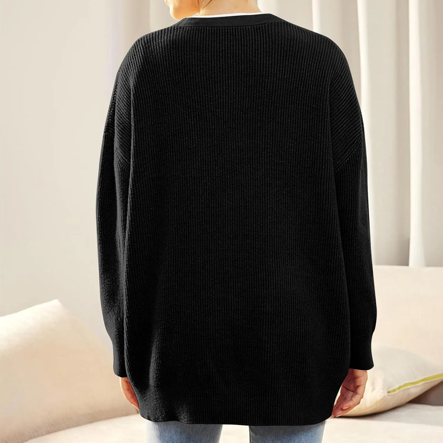 NBXNZWF Women's Long Sleeve Cardigan Striped Open Front Button Down V Neck Knit Outerwear Loose Winter Chunky Sweaters