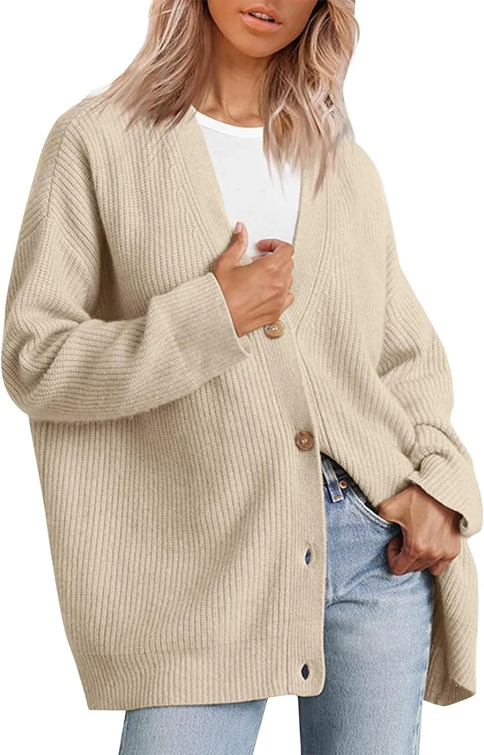 NBXNZWF Women's Long Sleeve Cardigan Striped Open Front Button Down V Neck Knit Outerwear Loose Winter Chunky Sweaters