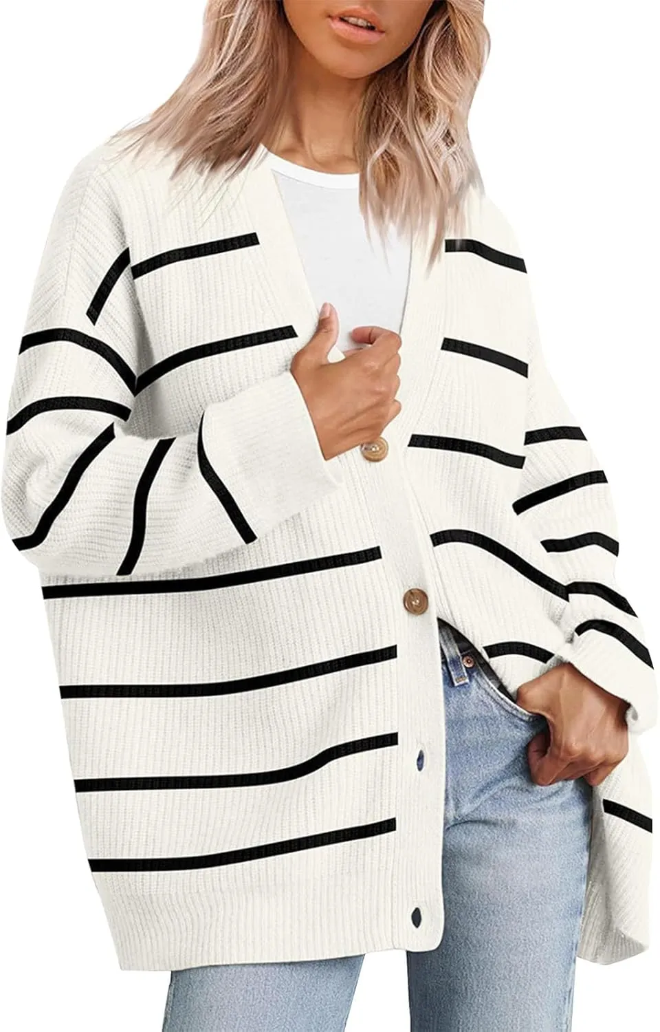 NBXNZWF Women's Long Sleeve Cardigan Striped Open Front Button Down V Neck Knit Outerwear Loose Winter Chunky Sweaters