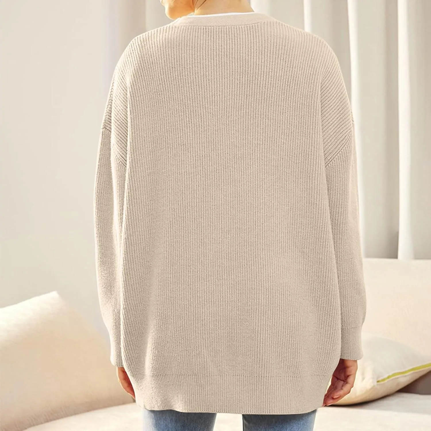 NBXNZWF Women's Long Sleeve Cardigan Striped Open Front Button Down V Neck Knit Outerwear Loose Winter Chunky Sweaters