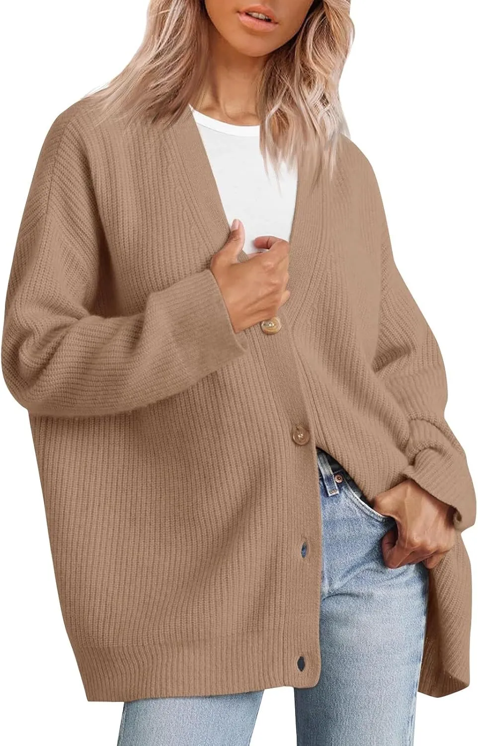 NBXNZWF Women's Long Sleeve Cardigan Striped Open Front Button Down V Neck Knit Outerwear Loose Winter Chunky Sweaters
