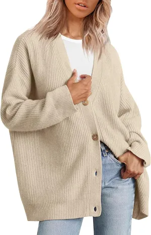 NBXNZWF Women's Long Sleeve Cardigan Striped Open Front Button Down V Neck Knit Outerwear Loose Winter Chunky Sweaters