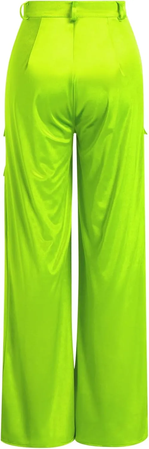 ODIZLI Satin Cargo Pants for Women High Waisted Wide Leg Trousers Multiple Pockets Y2K Streetwear Hip Hop Baggy Pants