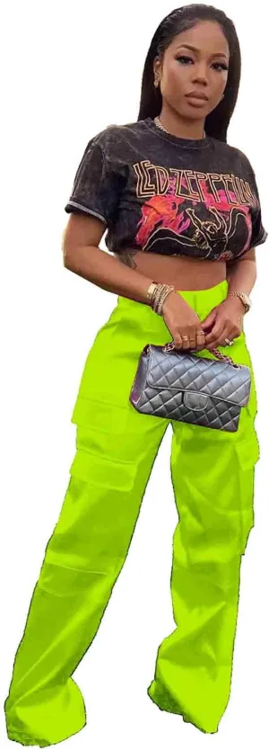 ODIZLI Satin Cargo Pants for Women High Waisted Wide Leg Trousers Multiple Pockets Y2K Streetwear Hip Hop Baggy Pants