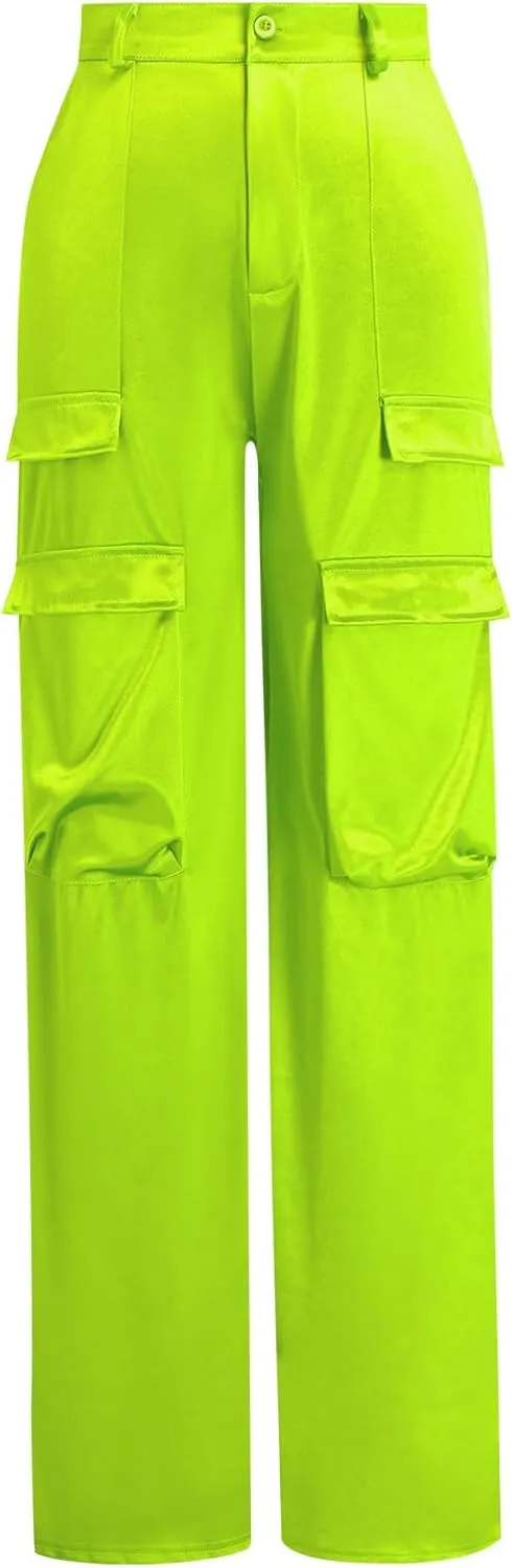 ODIZLI Satin Cargo Pants for Women High Waisted Wide Leg Trousers Multiple Pockets Y2K Streetwear Hip Hop Baggy Pants