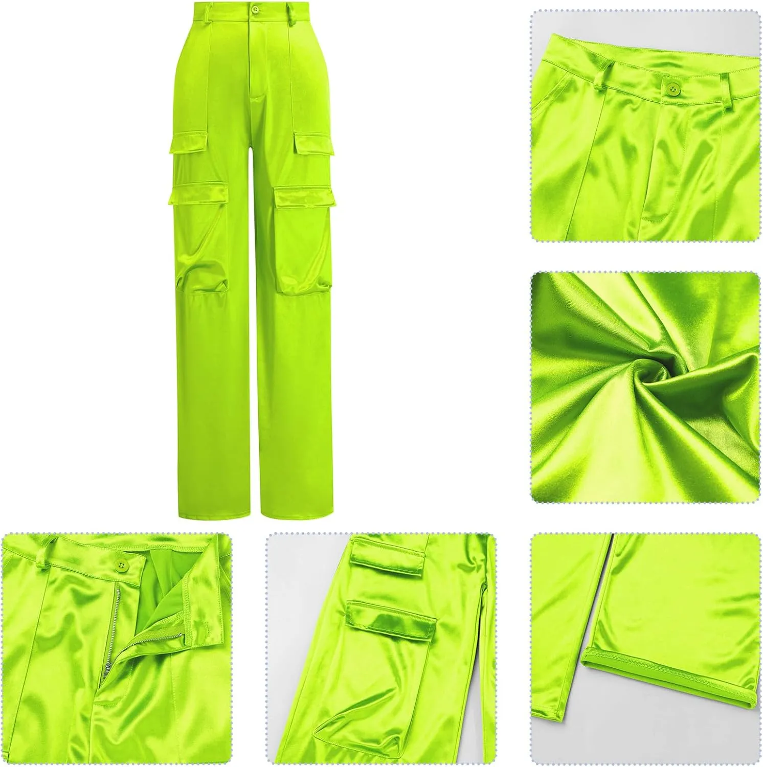 ODIZLI Satin Cargo Pants for Women High Waisted Wide Leg Trousers Multiple Pockets Y2K Streetwear Hip Hop Baggy Pants