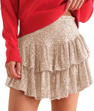 ODIZLI Women's Cute High Waist Mini Sequin Skirt Layered Ruffle Hem Flared Flowy Casual Swing Beach Mini Short Skirt Summer