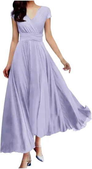 Oplxuo V Neck Long Bridesmaid Dresses Cap Sleeves Pleated Chiffon Formal Evening Prom Gown Plus Size Maxi Dress for Women