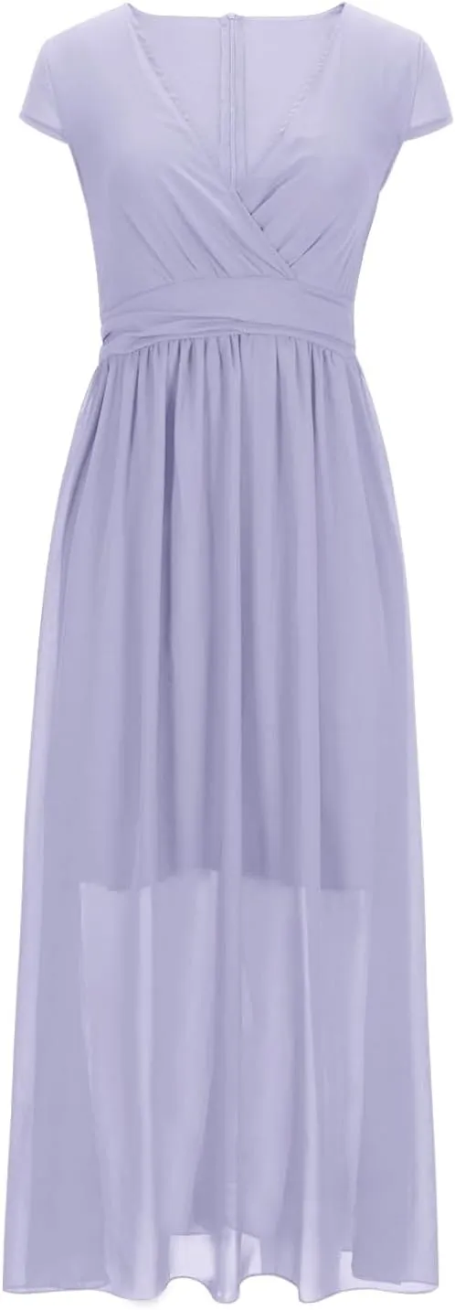 Oplxuo V Neck Long Bridesmaid Dresses Cap Sleeves Pleated Chiffon Formal Evening Prom Gown Plus Size Maxi Dress for Women
