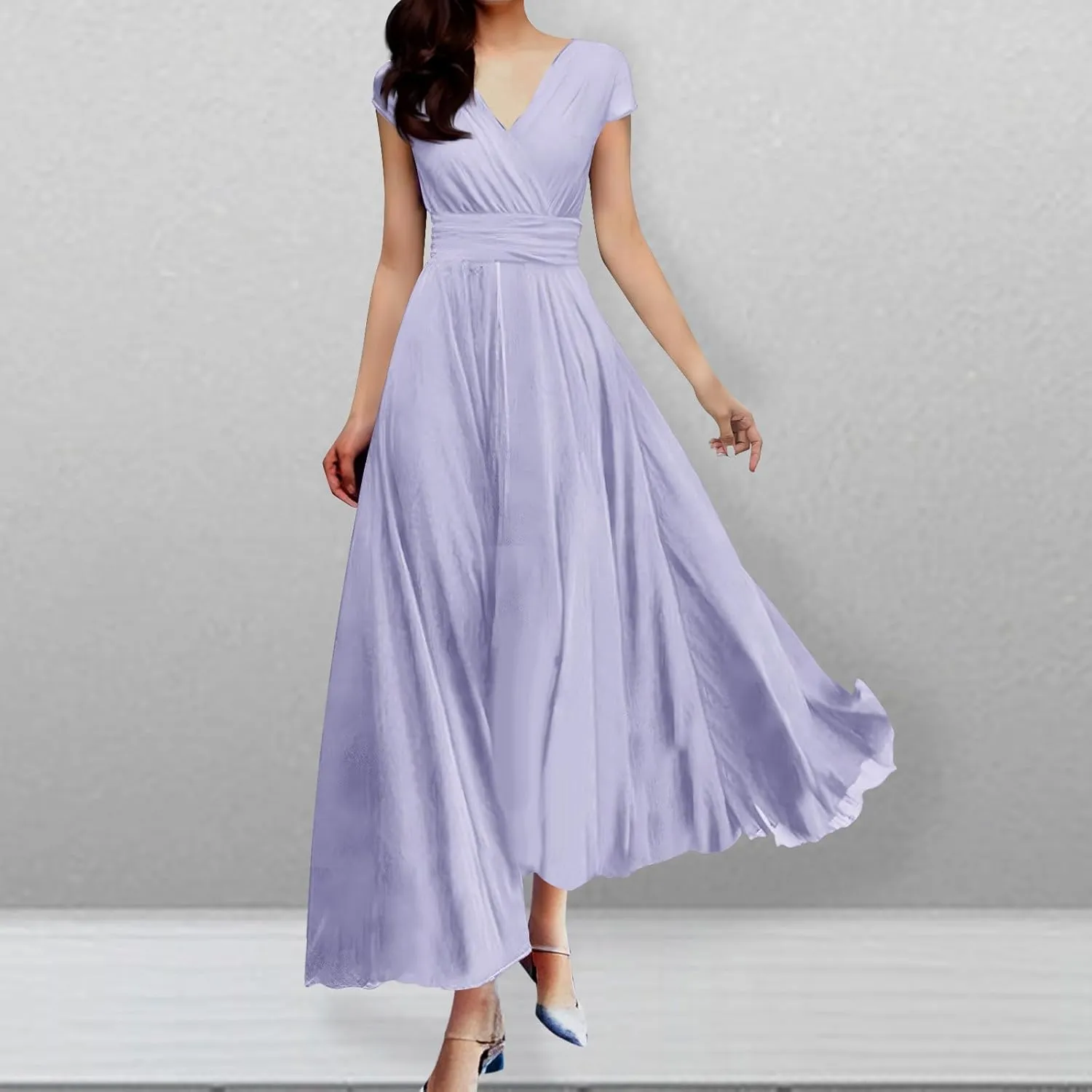 Oplxuo V Neck Long Bridesmaid Dresses Cap Sleeves Pleated Chiffon Formal Evening Prom Gown Plus Size Maxi Dress for Women