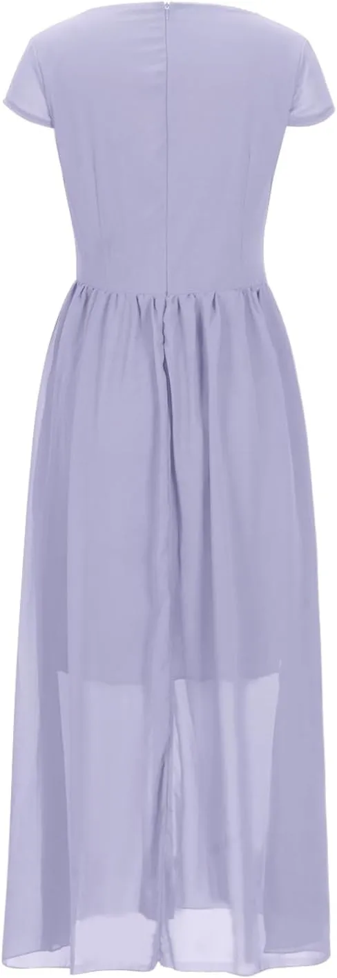 Oplxuo V Neck Long Bridesmaid Dresses Cap Sleeves Pleated Chiffon Formal Evening Prom Gown Plus Size Maxi Dress for Women