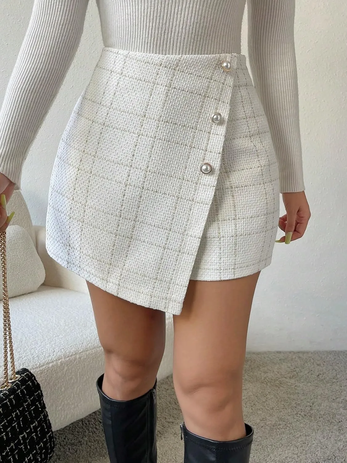 OYOANGLE Women's Elegant Plaid Print Tweed Skort High Waist Button Front Wrap Skirt Shorts