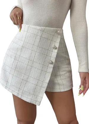 OYOANGLE Women's Elegant Plaid Print Tweed Skort High Waist Button Front Wrap Skirt Shorts